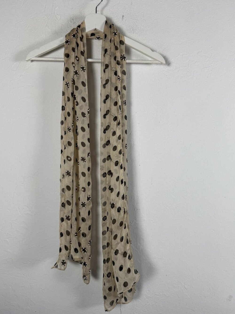 Handmade Beaded Polka Dot Silk Scarf In Beige & Black Good Condition Missing Som